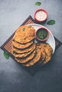 Palak Poori or spinach puri served with chutney, Indian food